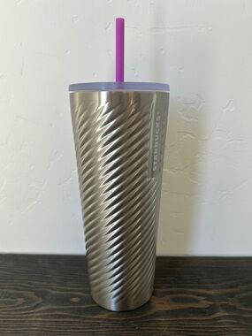 Starbucks Silver Spiral Tumbler with Lilac Lid and Purple Straw